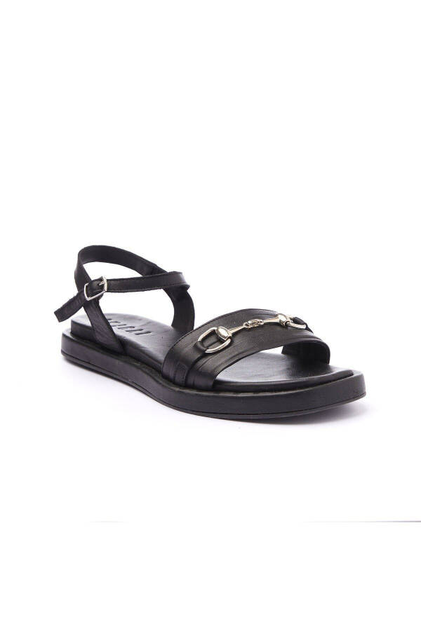 Women's genuine leather sandals with metal buckle detail, soft sole and ankle strap. - 1