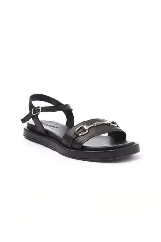 Women's genuine leather sandals with metal buckle detail, soft sole and ankle strap. - 3