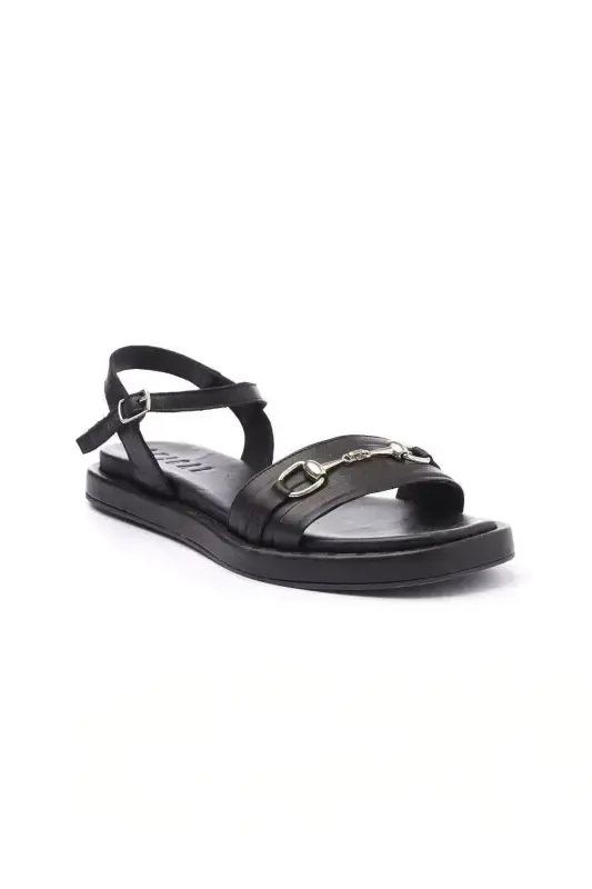 Women's genuine leather sandals with metal buckle detail, soft sole and ankle strap. - 3