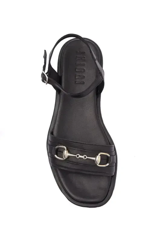 Women's genuine leather sandals with metal buckle detail, soft sole and ankle strap. - 4