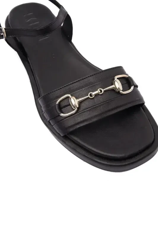 Women's genuine leather sandals with metal buckle detail, soft sole and ankle strap. - 5