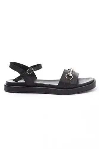 Women's genuine leather sandals with metal buckle detail, soft sole and ankle strap. - 6