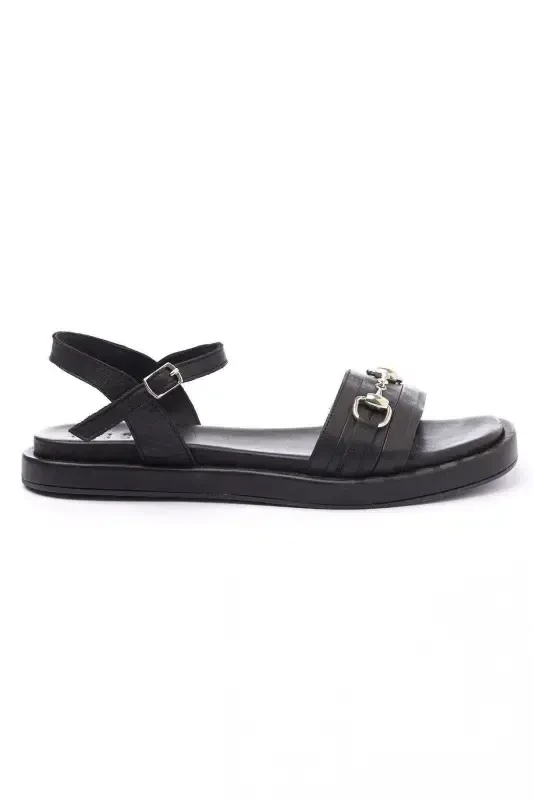 Women's genuine leather sandals with metal buckle detail, soft sole and ankle strap. - 6