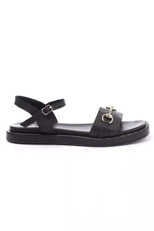 Women's genuine leather sandals with metal buckle detail, soft sole and ankle strap. - 4