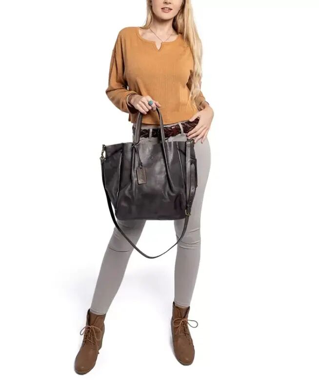 Women's Genuine Leather Sprout Land Tote Bag-Gray Ombre - 6