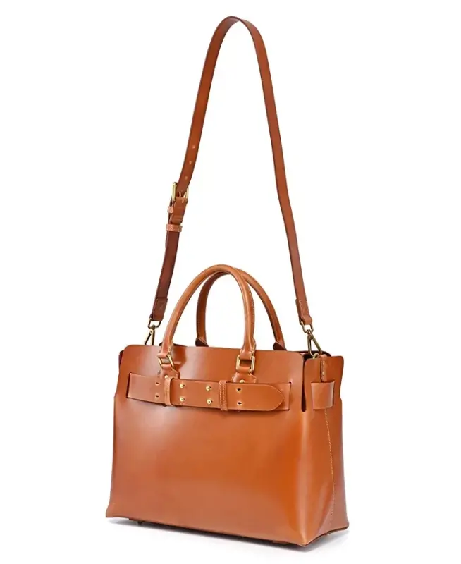 Women's Genuine Leather Westland Tote Bag-Caramel - 7