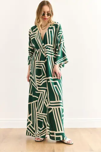 Women's Geometric Green Crossover Neckline Elastic Waist Mi 