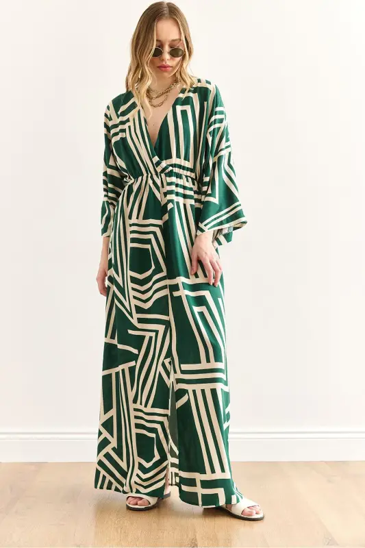 Women's Geometric Green Crossover Neckline Elastic Waist Mi - 1