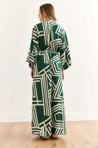 Women's Geometric Green Crossover Neckline Elastic Waist Mi - OLALOOK (1)