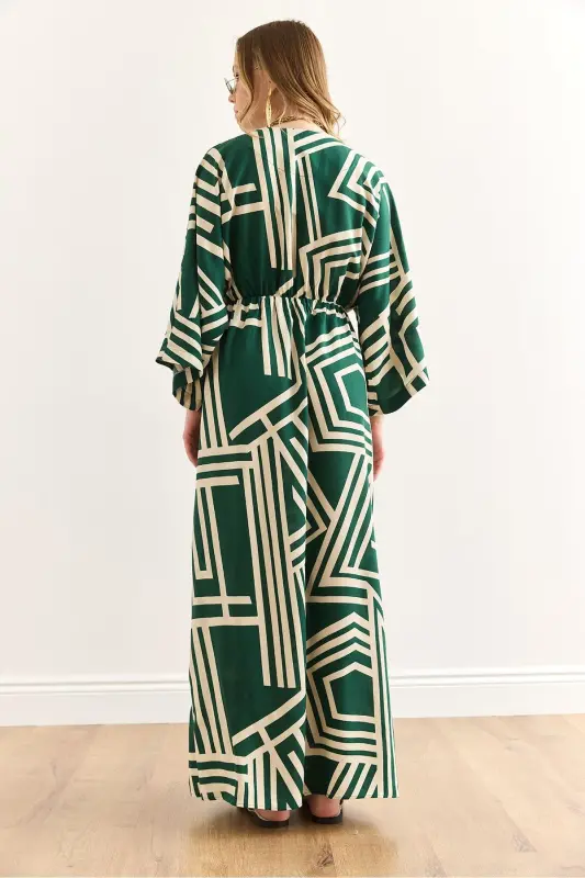 Women's Geometric Green Crossover Neckline Elastic Waist Mi - 2