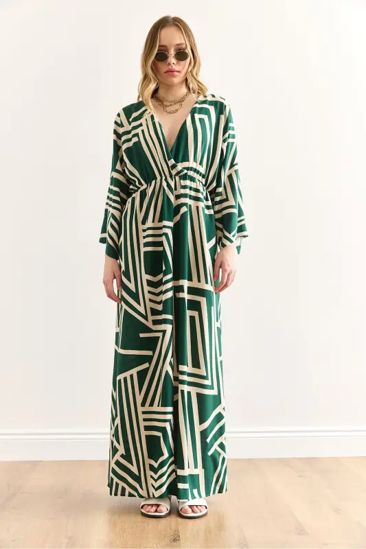 Women's Geometric Green Crossover Neckline Elastic Waist Mi - 3