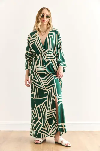 Women's Geometric Green Crossover Neckline Elastic Waist Mi - 4