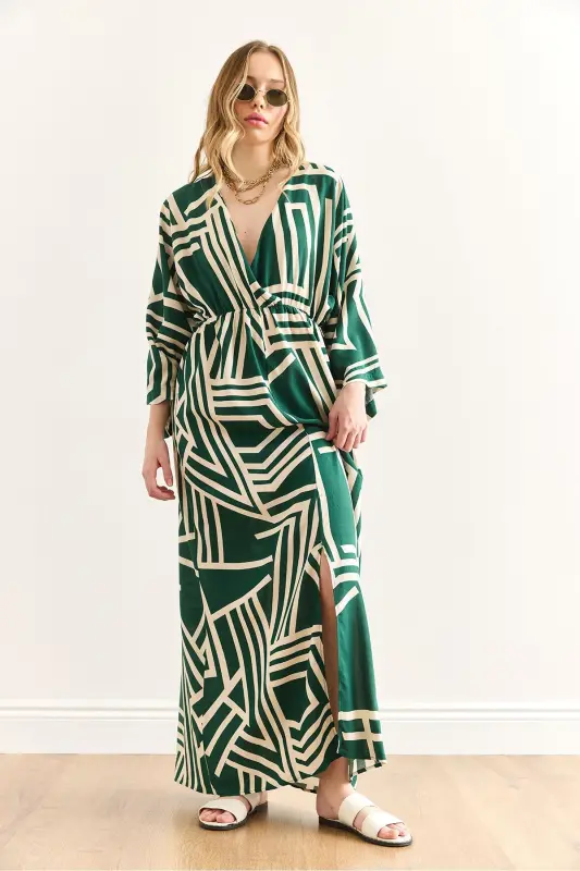 Women's Geometric Green Crossover Neckline Elastic Waist Mi - 4