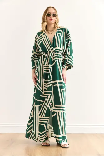 Women's Geometric Green Crossover Neckline Elastic Waist Mi - 5