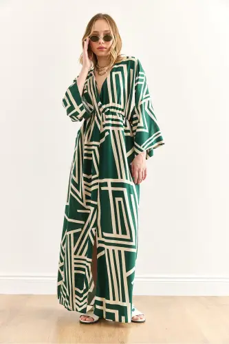 Women's Geometric Green Crossover Neckline Elastic Waist Mi - 6