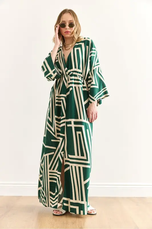 Women's Geometric Green Crossover Neckline Elastic Waist Mi - 6