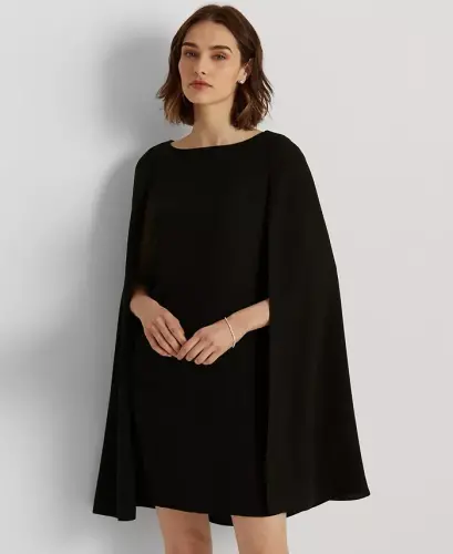 Women's Georgette Cape Dress-Black - 3