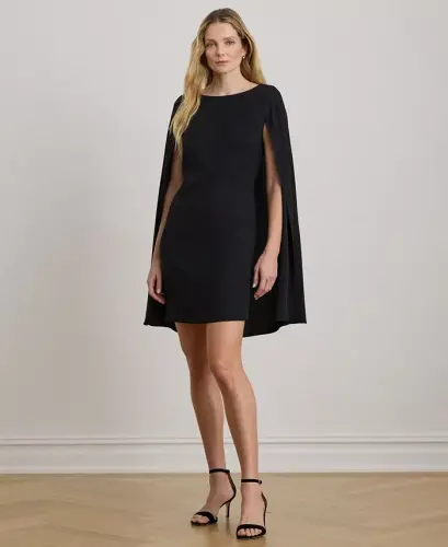 Women's Georgette Cape Dress-Black - 6