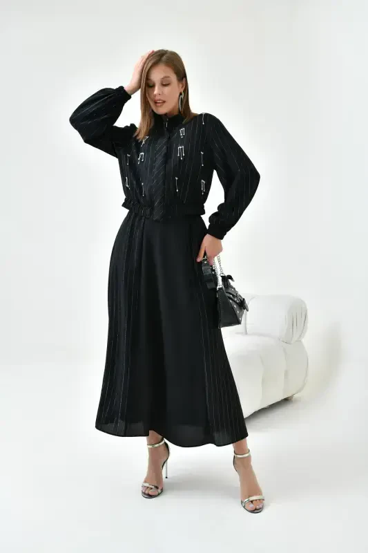 Women's Glitter Crepe Skirt Suit Black 30839-Black - 1