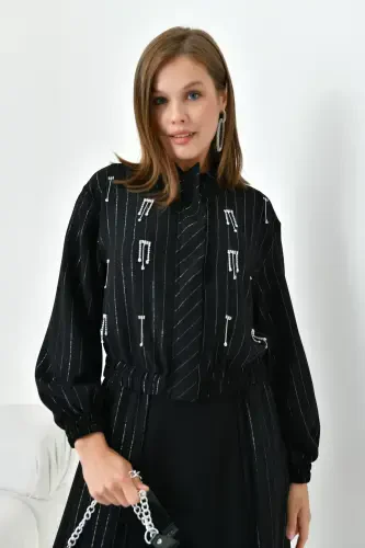 Women's Glitter Crepe Skirt Suit Black 30839-Black - 2