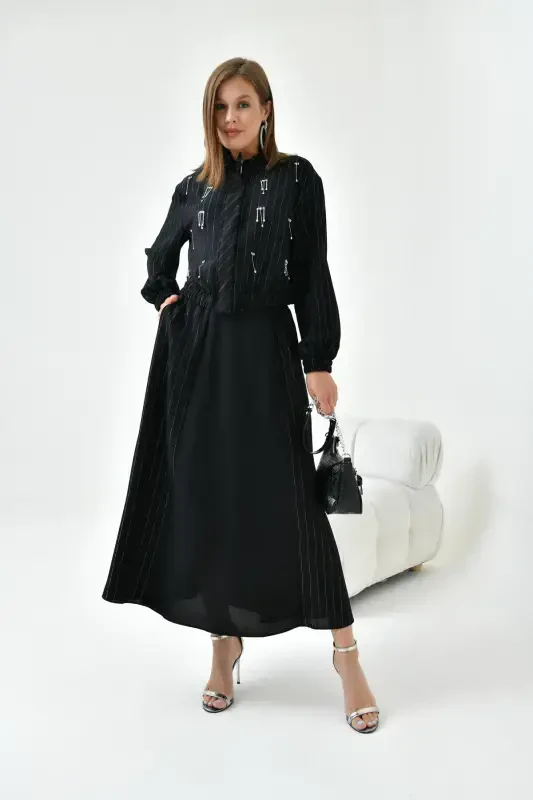 Women's Glitter Crepe Skirt Suit Black 30839-Black - 3