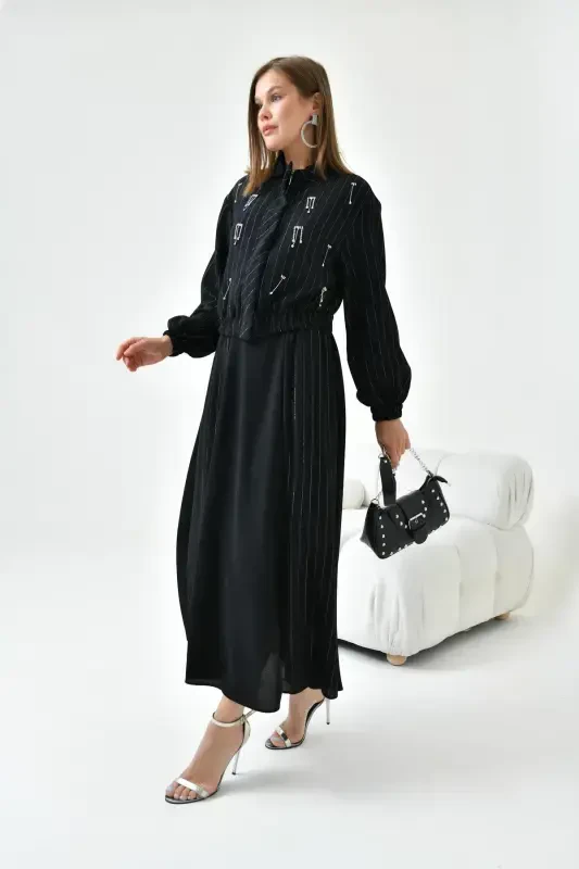 Women's Glitter Crepe Skirt Suit Black 30839-Black - 5