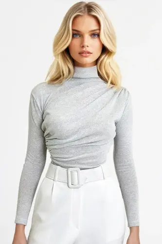 Women's Glittery Grey Turtleneck Draped Shoulder Silver Glitter Blouse ALC-X11257-SIMLI GRI - 1