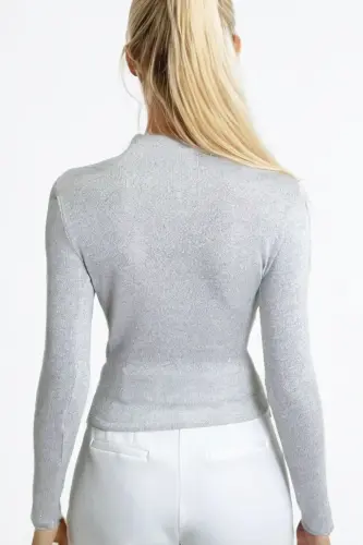 Women's Glittery Grey Turtleneck Draped Shoulder Silver Glitter Blouse ALC-X11257-SIMLI GRI - 4