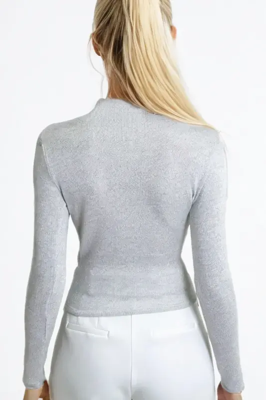 Women's Glittery Grey Turtleneck Draped Shoulder Silver Glitter Blouse ALC-X11257-SIMLI GRI - 4