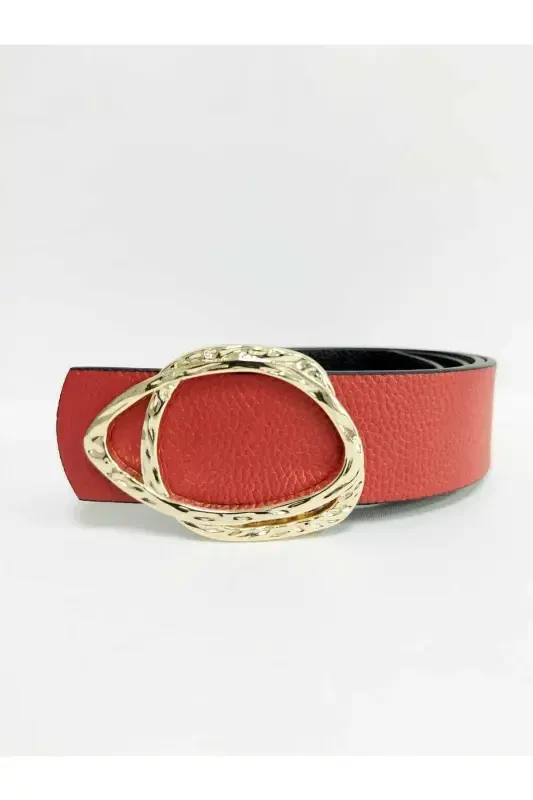 Women's Gold Buckle Red Belt-Red - 1