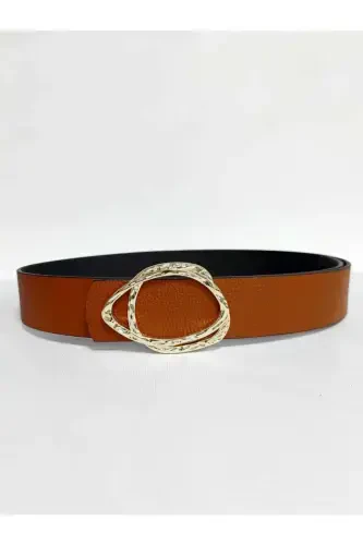 Women's Gold Buckle Reversible Tan-Black Belt-Tan - 3