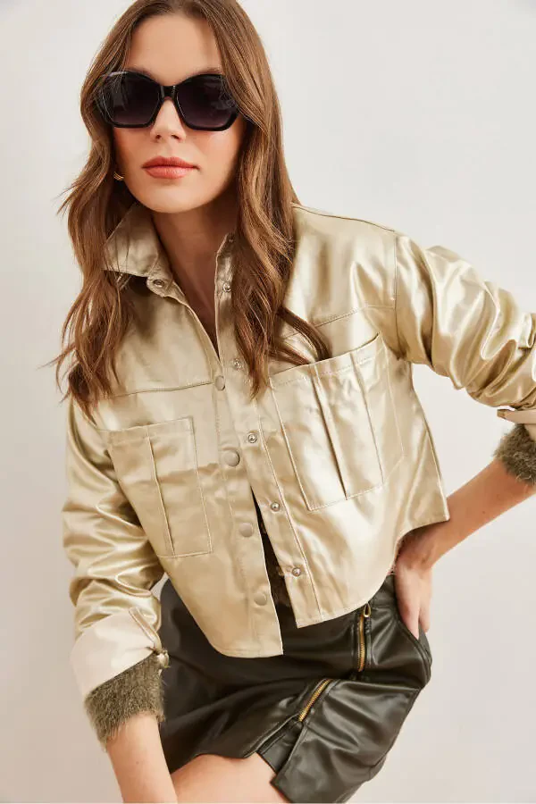 Women's Gold Double Pocket Leather Look Crop Jacket CKT-19000381 - 1