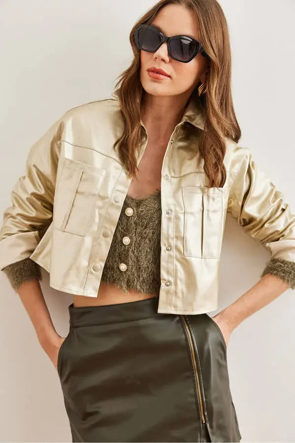 Women's Gold Double Pocket Leather Look Crop Jacket CKT-19000381 - 2