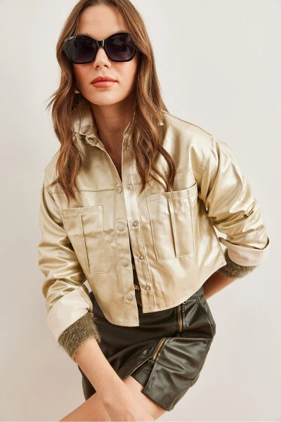 Women's Gold Double Pocket Leather Look Crop Jacket CKT-19000381 - 3