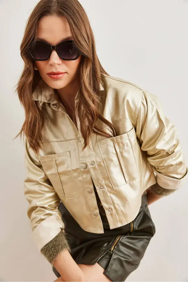 Women's Gold Double Pocket Leather Look Crop Jacket CKT-19000381 - 4