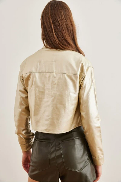 Women's Gold Double Pocket Leather Look Crop Jacket CKT-19000381 - 5