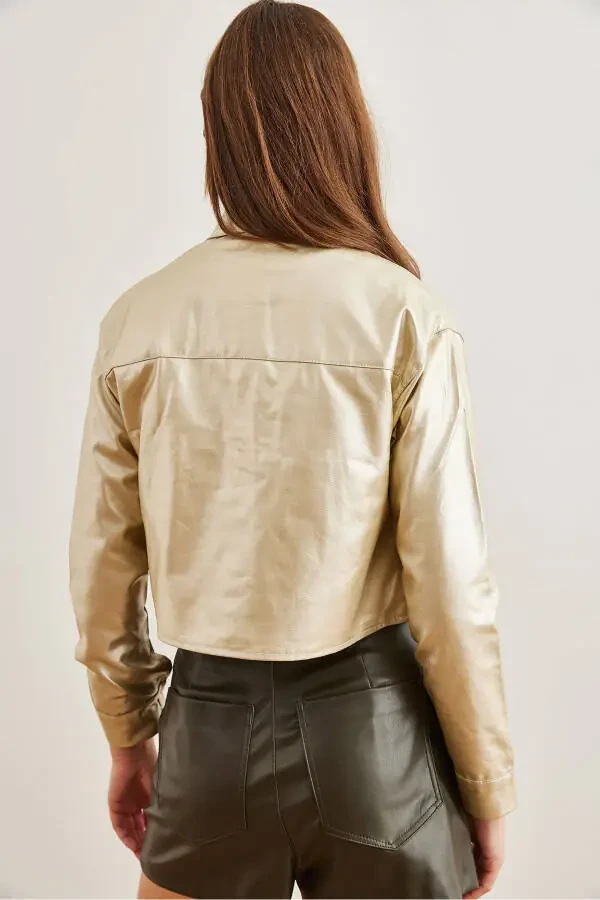 Women's Gold Double Pocket Leather Look Crop Jacket CKT-19000381 - 5