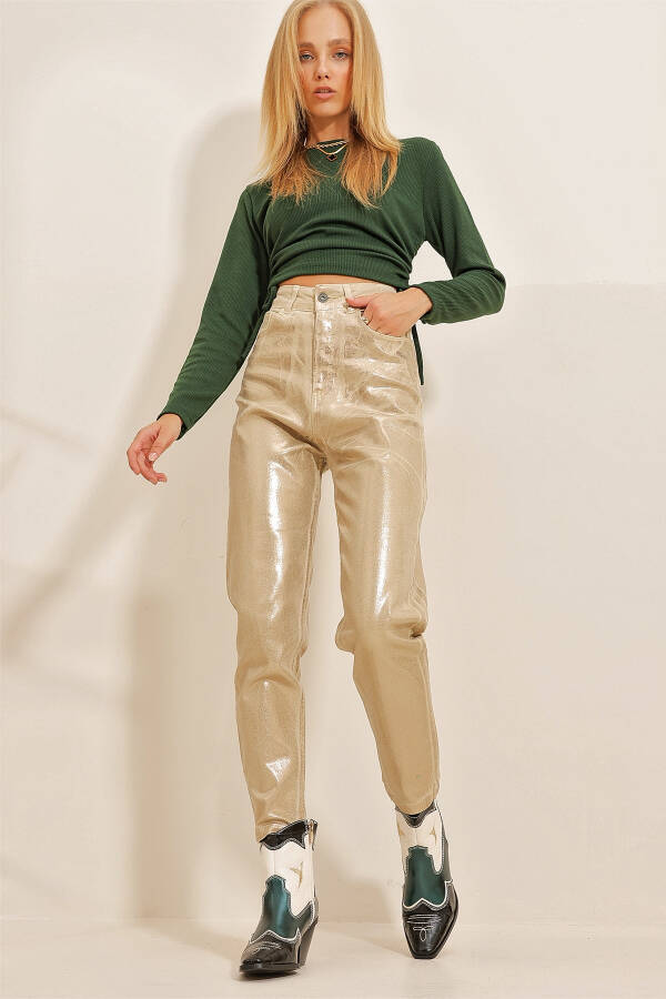 Women's Gold Gold Coated Mom Jeans Trousers ALC-X10862 - 3