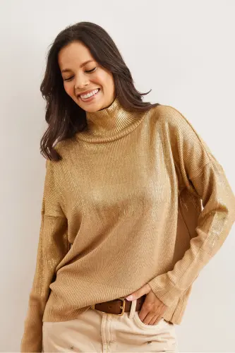 Women's Gold Half Turtleneck Metallic Detailed Knit Sweater KZK-19000726-Gold - 3
