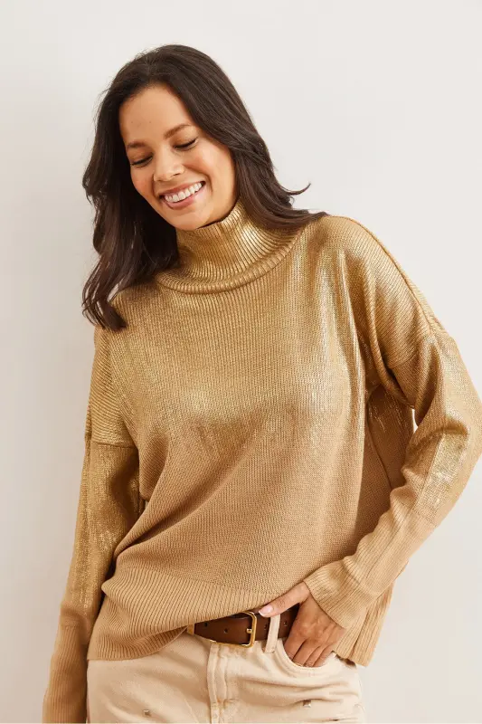 Women's Gold Half Turtleneck Metallic Detailed Knit Sweater KZK-19000726-Gold - 3