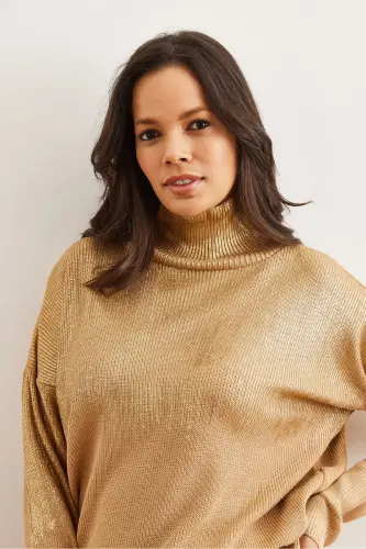 Women's Gold Half Turtleneck Metallic Detailed Knit Sweater KZK-19000726-Gold - 4