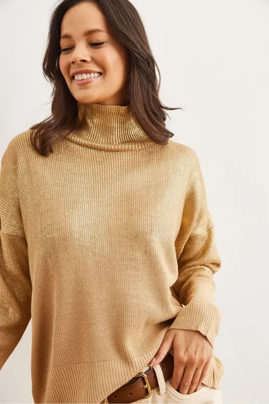 Women's Gold Half Turtleneck Metallic Detailed Knit Sweater KZK-19000726-Gold - 6