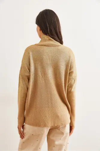 Women's Gold Half Turtleneck Metallic Detailed Knit Sweater KZK-19000726-Gold - 7