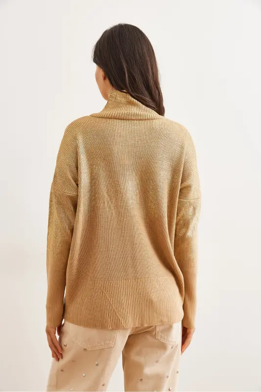 Women's Gold Half Turtleneck Metallic Detailed Knit Sweater KZK-19000726-Gold - 7