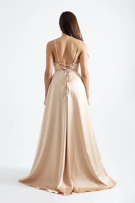 Women's Gold Ruffled Slit Satin Evening & Graduation Dress-Gold - 5