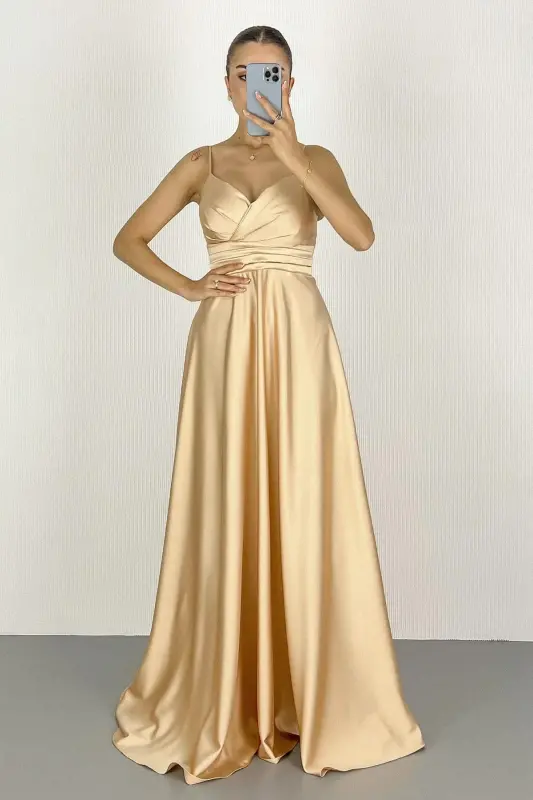 Women's Gold Spaghetti Strap Belted Satin Long Evening & Graduation Dress-Gold - 1