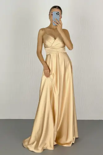 Women's Gold Spaghetti Strap Belted Satin Long Evening & Graduation Dress-Gold - 2