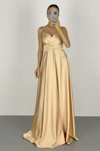Women's Gold Spaghetti Strap Belted Satin Long Evening & Graduation Dress-Gold - 4
