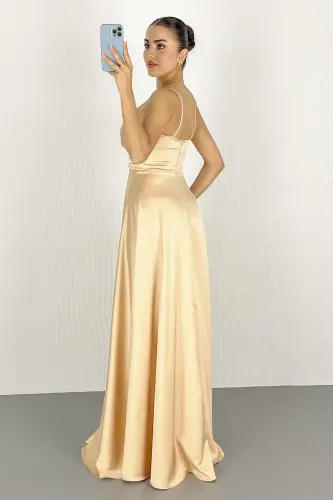 Women's Gold Spaghetti Strap Belted Satin Long Evening & Graduation Dress-Gold - 5