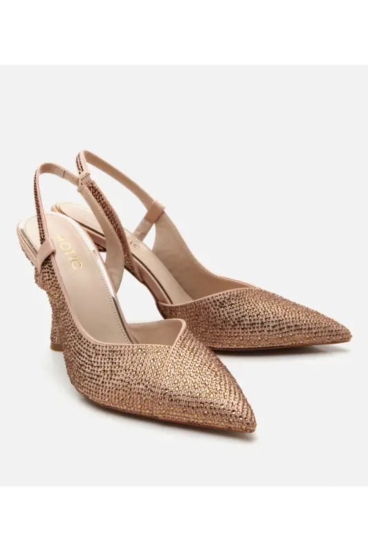 Women's Gold Stone Detailed Backless High Heel Shoes-GOLD - 2